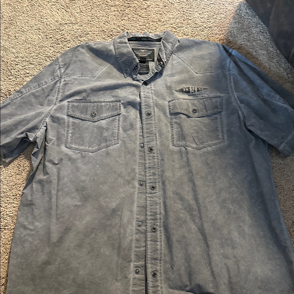 Gray Short Sleeve Button-Up Shirt-Harley Davidson